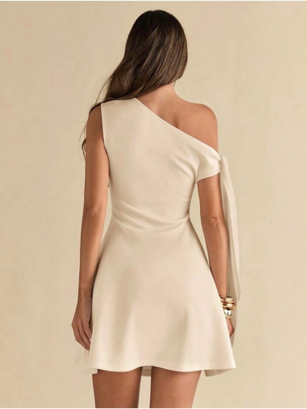 SHEIN One-Shoulder Cream Mini Dress with Draped Tie Sleeve NWOT - Picture 3 of 9